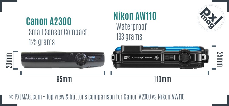 Canon A2300 vs Nikon AW110 top view buttons comparison