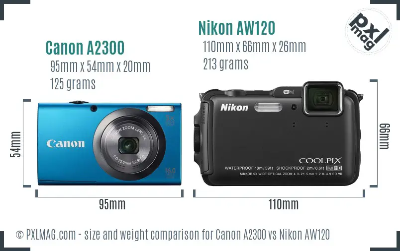 Canon A2300 vs Nikon AW120 size comparison