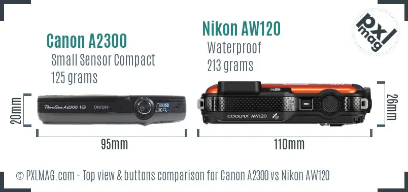 Canon A2300 vs Nikon AW120 top view buttons comparison