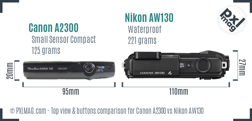 Canon A2300 vs Nikon AW130 top view buttons comparison