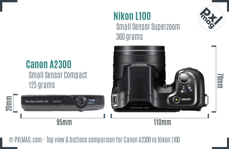 Canon A2300 vs Nikon L100 top view buttons comparison
