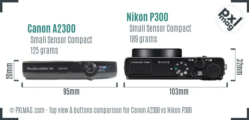 Canon A2300 vs Nikon P300 top view buttons comparison Canon A2300 vs Nikon P300 top view buttons comparison