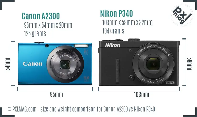 Canon A2300 vs Nikon P340 size comparison