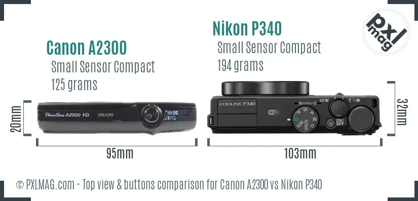 Canon A2300 vs Nikon P340 top view buttons comparison