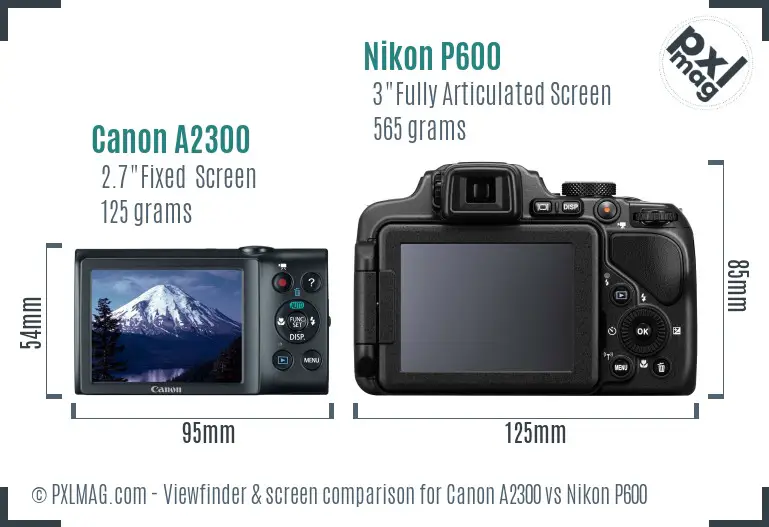 Canon A2300 vs Nikon P600 Screen and Viewfinder comparison