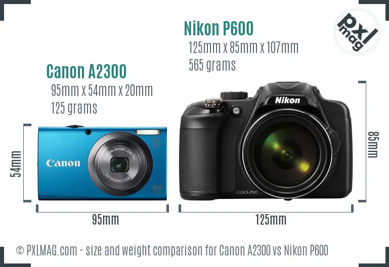 Canon A2300 vs Nikon P600 size comparison