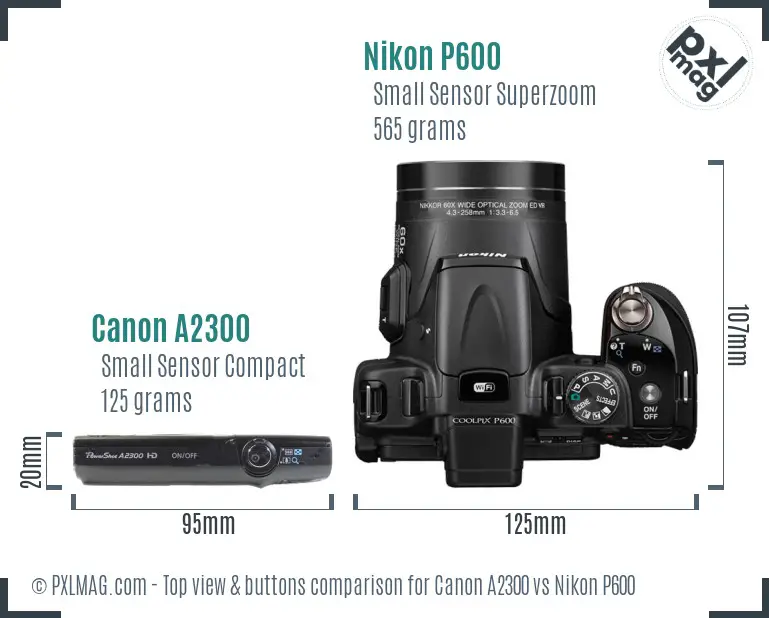 Canon A2300 vs Nikon P600 top view buttons comparison
