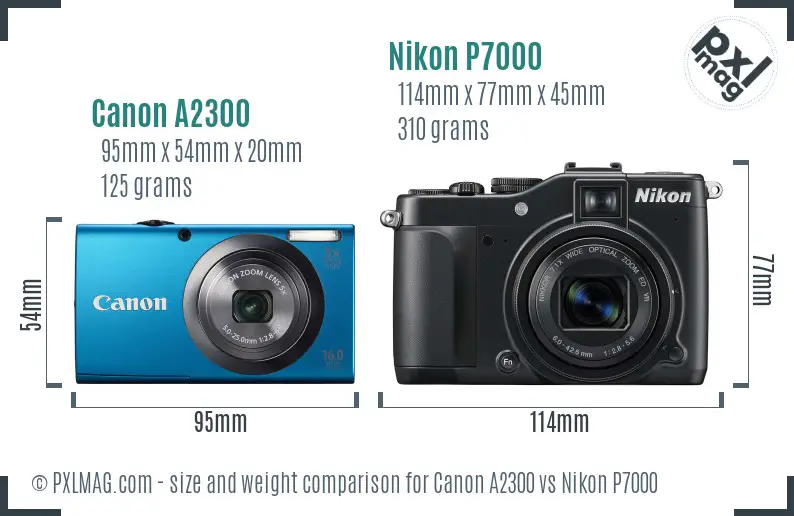 Canon A2300 vs Nikon P7000 size comparison