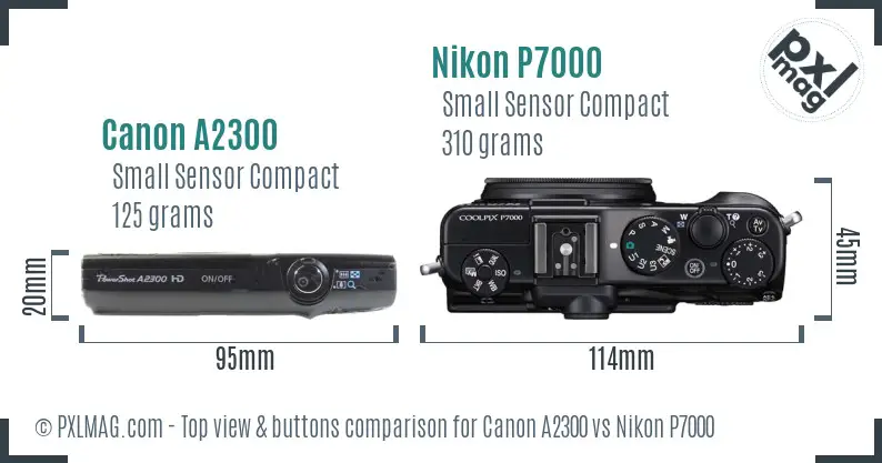 Canon A2300 vs Nikon P7000 top view buttons comparison
