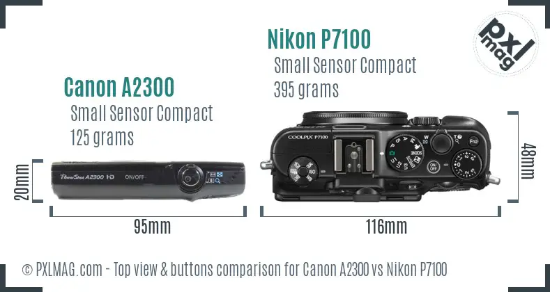 Canon A2300 vs Nikon P7100 top view buttons comparison