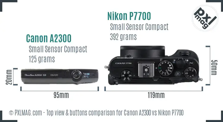 Canon A2300 vs Nikon P7700 top view buttons comparison