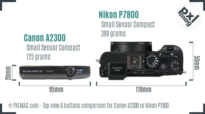 Canon A2300 vs Nikon P7800 top view buttons comparison