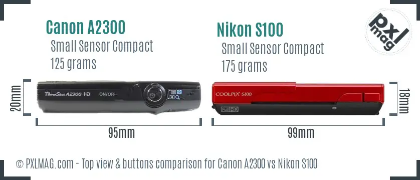 Canon A2300 vs Nikon S100 top view buttons comparison Canon A2300 vs Nikon S100 top view buttons comparison