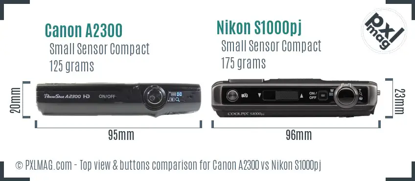 Canon A2300 vs Nikon S1000pj top view buttons comparison Canon A2300 vs Nikon S1000pj top view buttons comparison