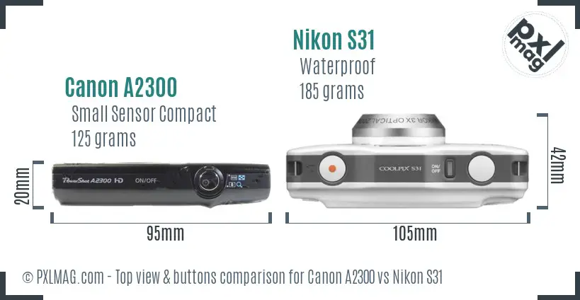 Canon A2300 vs Nikon S31 top view buttons comparison