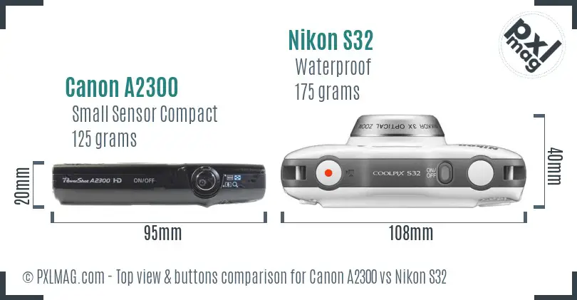 Canon A2300 vs Nikon S32 top view buttons comparison Canon A2300 vs Nikon S32 top view buttons comparison