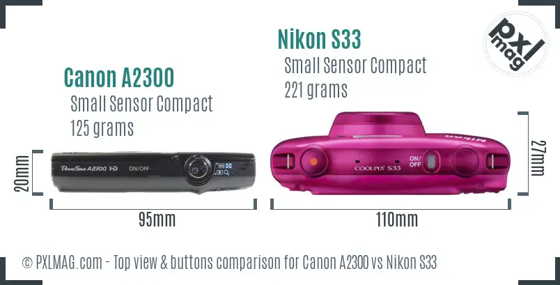 Canon A2300 vs Nikon S33 top view buttons comparison