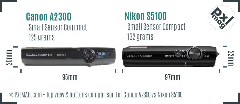 Canon A2300 vs Nikon S5100 top view buttons comparison
