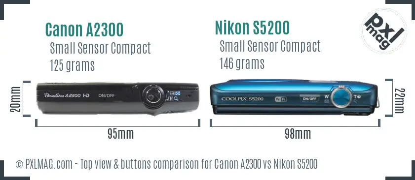 Canon A2300 vs Nikon S5200 top view buttons comparison