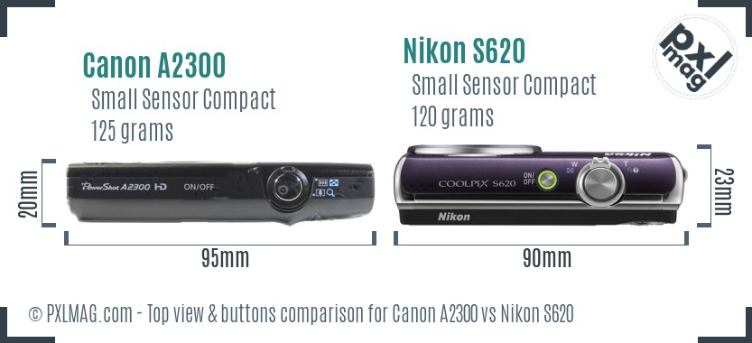 Canon A2300 vs Nikon S620 top view buttons comparison