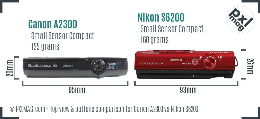 Canon A2300 vs Nikon S6200 top view buttons comparison