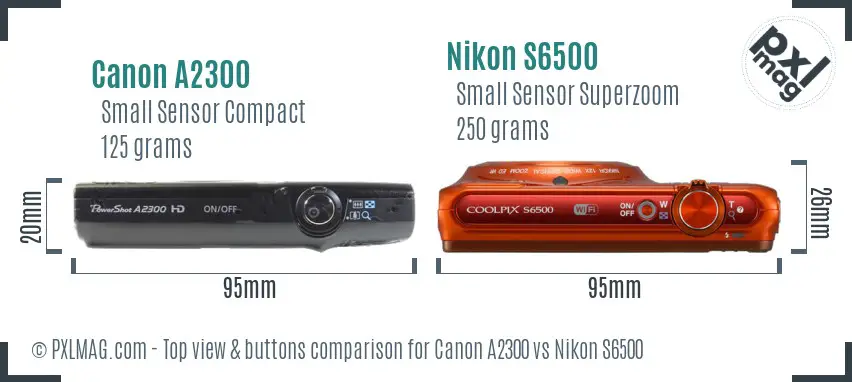 Canon A2300 vs Nikon S6500 top view buttons comparison