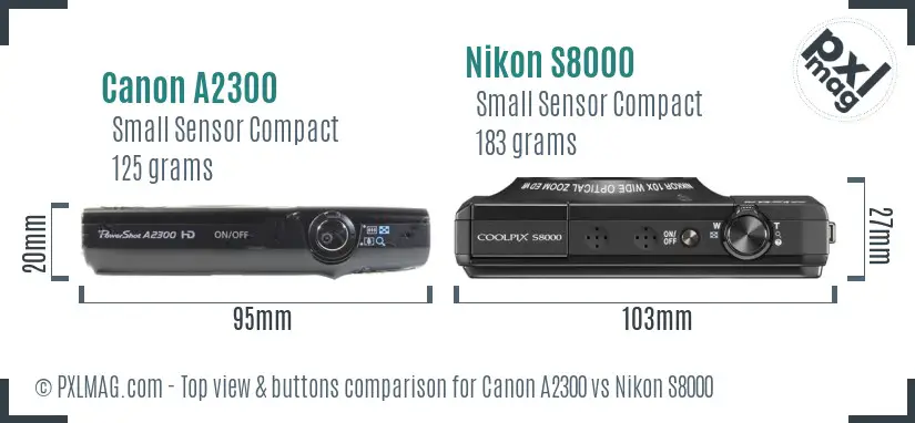Canon A2300 vs Nikon S8000 top view buttons comparison Canon A2300 vs Nikon S8000 top view buttons comparison