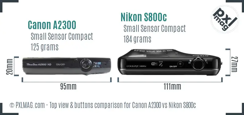 Canon A2300 vs Nikon S800c top view buttons comparison
