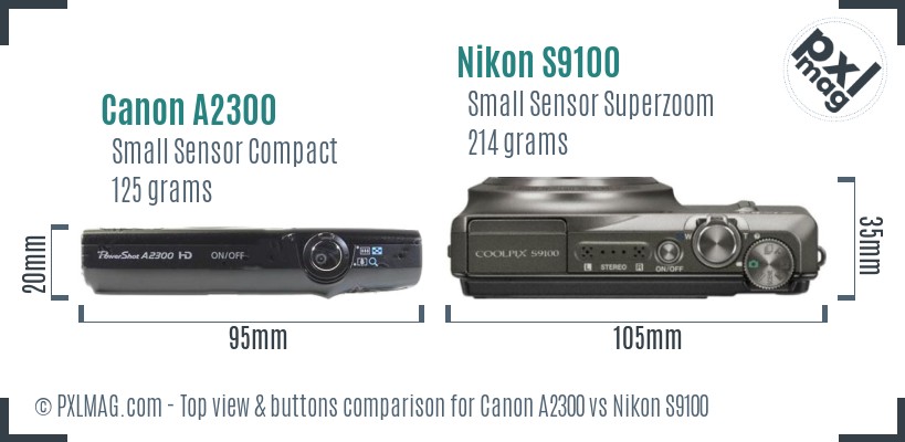 Canon A2300 vs Nikon S9100 top view buttons comparison