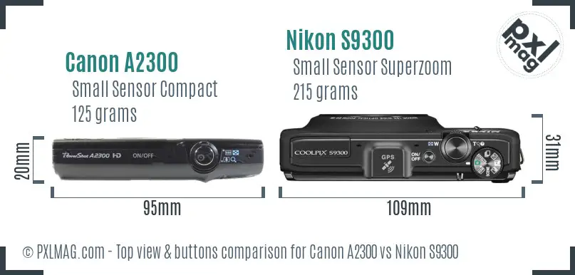 Canon A2300 vs Nikon S9300 top view buttons comparison