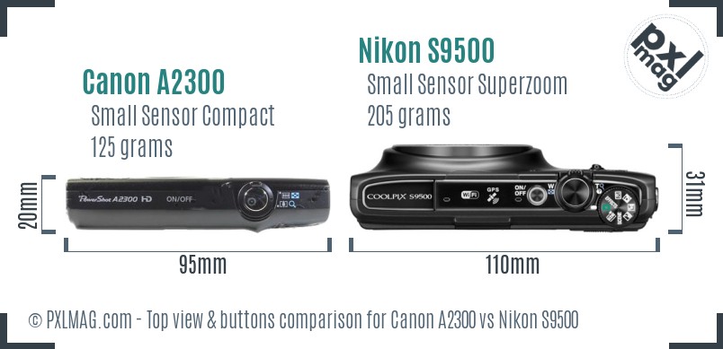 Canon A2300 vs Nikon S9500 top view buttons comparison
