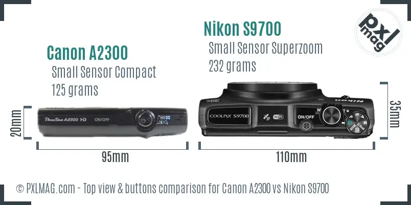 Canon A2300 vs Nikon S9700 top view buttons comparison