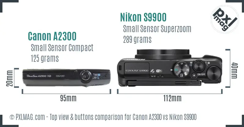 Canon A2300 vs Nikon S9900 top view buttons comparison