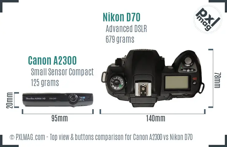 Canon A2300 vs Nikon D70 top view buttons comparison