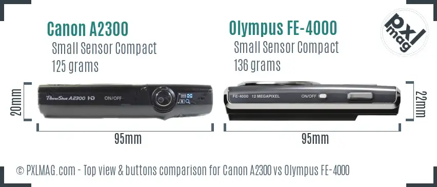 Canon A2300 vs Olympus FE-4000 top view buttons comparison