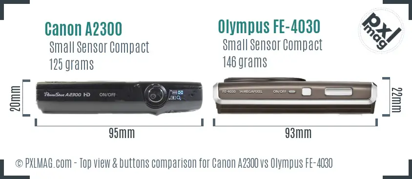 Canon A2300 vs Olympus FE-4030 top view buttons comparison Canon A2300 vs Olympus FE-4030 top view buttons comparison