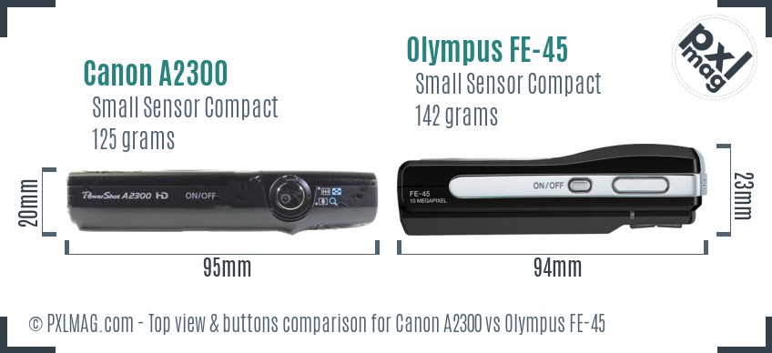 Canon A2300 vs Olympus FE-45 top view buttons comparison