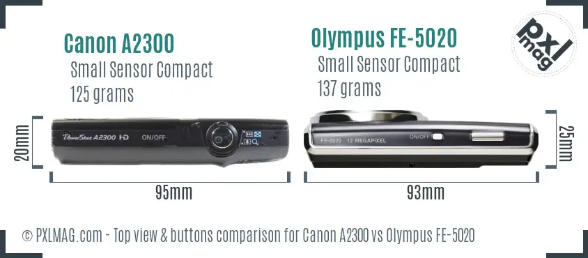 Canon A2300 vs Olympus FE-5020 top view buttons comparison