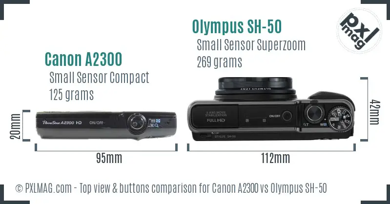 Canon A2300 vs Olympus SH-50 top view buttons comparison