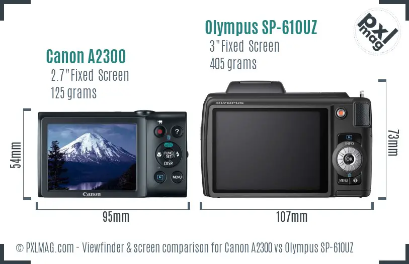 Canon A2300 vs Olympus SP-610UZ Screen and Viewfinder comparison
