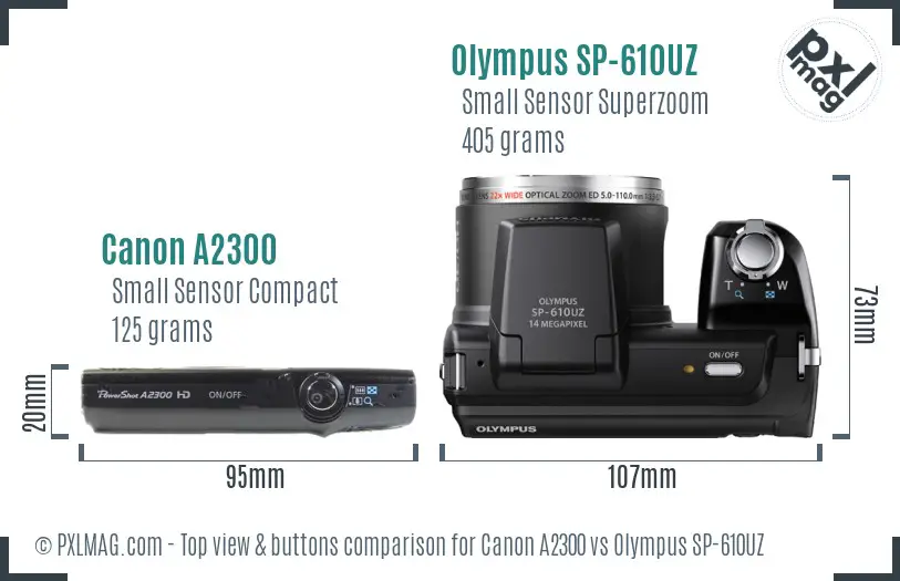 Canon A2300 vs Olympus SP-610UZ top view buttons comparison