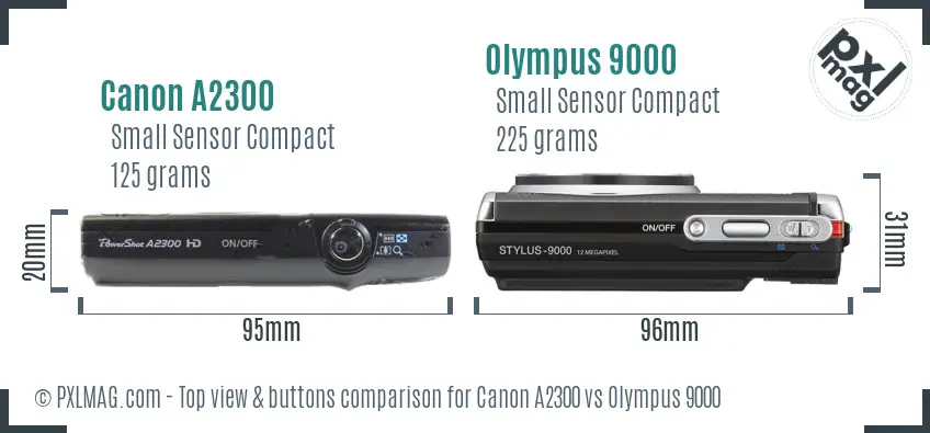 Canon A2300 vs Olympus 9000 top view buttons comparison