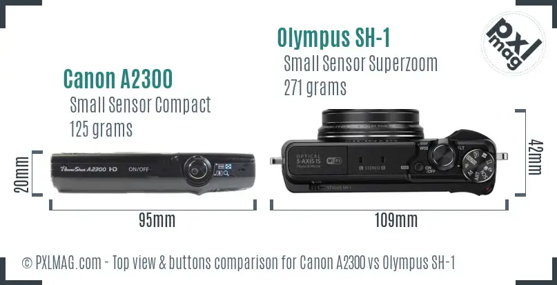 Canon A2300 vs Olympus SH-1 top view buttons comparison Canon A2300 vs Olympus SH-1 top view buttons comparison