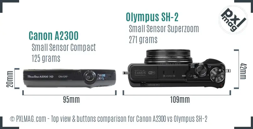 Canon A2300 vs Olympus SH-2 top view buttons comparison