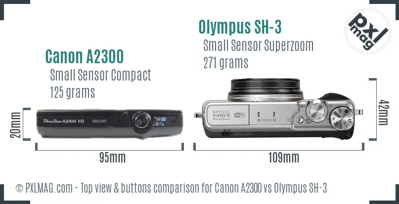 Canon A2300 vs Olympus SH-3 top view buttons comparison