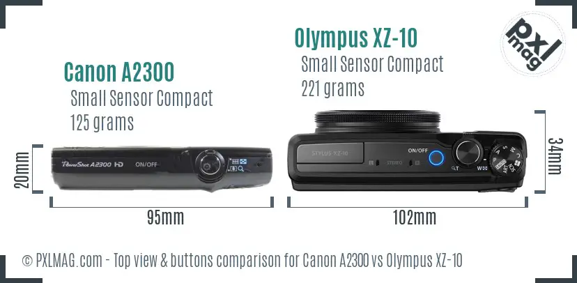 Canon A2300 vs Olympus XZ-10 top view buttons comparison Canon A2300 vs Olympus XZ-10 top view buttons comparison