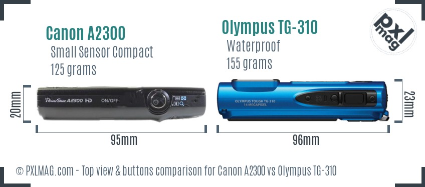 Canon A2300 vs Olympus TG-310 top view buttons comparison
