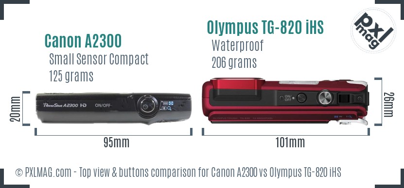 Canon A2300 vs Olympus TG-820 iHS top view buttons comparison