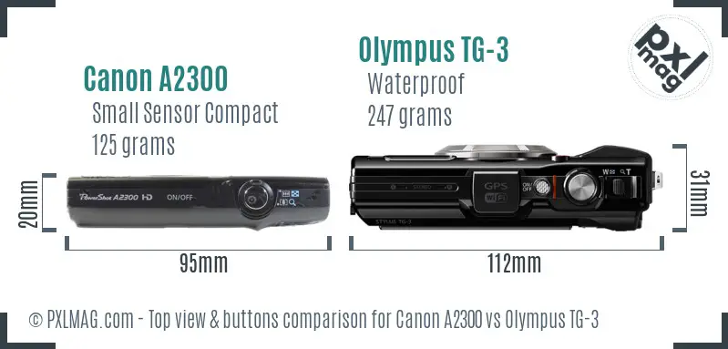 Canon A2300 vs Olympus TG-3 top view buttons comparison