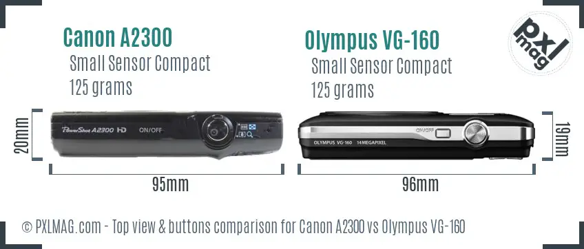 Canon A2300 vs Olympus VG-160 top view buttons comparison Canon A2300 vs Olympus VG-160 top view buttons comparison